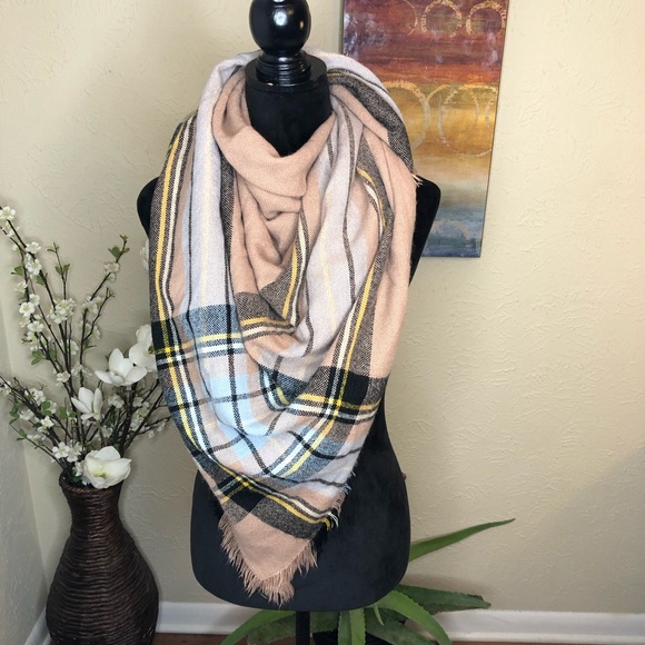 Plaid Blanket Wrap Scarf Tan White Blue Blk Yellow - Picture 4 of 7